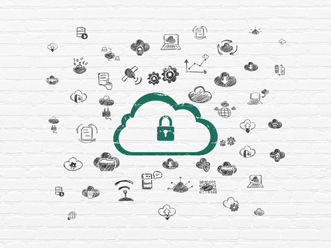 Cloud computing concept: Painted green Cloud With Padlock icon on White Brick wall background with  Hand Drawn Cloud Technology Icons