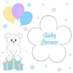 Baby shower boy, invitation card. Place for text. Greeting cards. Vector illustration. Teddy bear with a gift box, blue background, butterfly, flower.