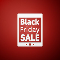 Tablet PC with Black Friday Sale text on screen flat icon over red background. Vector Illustration