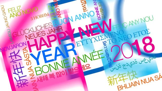 Happy New Year 2018 worldwide celebration international wishes multicolor traduction colored words tag cloud text colors animation video 