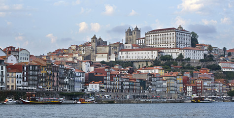 landscape view on the old town with river during the twilight in Porto city, Portugal