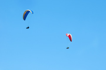 Two paragliders flying in the blue sky. Paragliding in the sky on a sunny day.