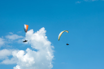 Two paragliders flying in the blue sky against the background of clouds. Paragliding in the sky on a sunny day.