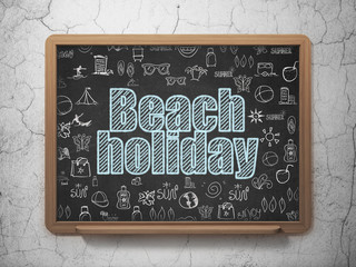 Tourism concept: Chalk Blue text Beach Holiday on School board background with  Hand Drawn Vacation Icons, 3D Rendering