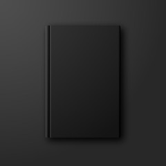 Stylish black book vector mock up on dark black background. Blank black book cover front page template with copyspace for your design.