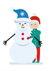 Winter vacation set. Children's winter holidays. Girl hugging a snowman. Vector illustration. Cartoon flat style.