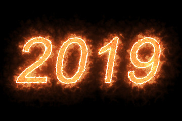 burning 2019 fire word text with flame and smoke in fire on black background with alpha channel, concept of holiday happy new year