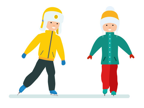 Winter vacation set. Children's winter holidays. Boy and girl skating on ice. Children's friendship. Vector illustration. Cartoon flat style.
