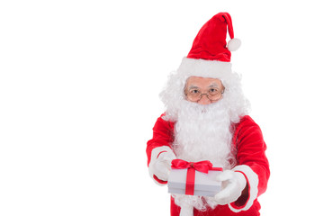 Fototapeta na wymiar Happy merry Christmas Santa Claus pointing holding Gift Box with Isolated on white background.