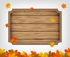 Autumn background with maple leaves and wooden sign. Vector