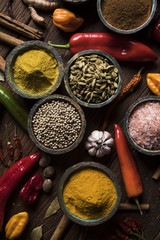 Obraz na płótnie Canvas Variety of spices and herbs on kitchen table
