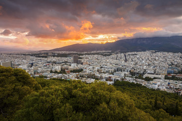 View of Athens from Lycabettus hill at sunrise, Greece. 
