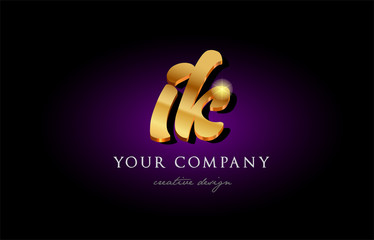  ik  i k 3d gold golden alphabet letter metal logo icon design handwritten typography