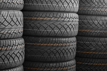 Car tires background in a row.