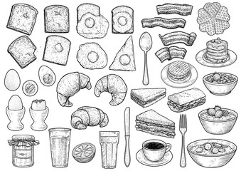 Breakfast collection illustration, drawing, engraving, ink, line art, vector