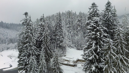 aerial view of a mountain lake in winter