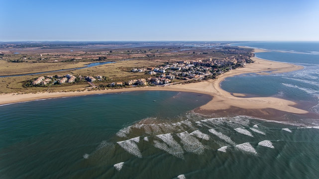 Video shooting from the sky coast Isla Canela. Ayamonte