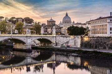 Fototapeta na wymiar River, Tevere, San Peters, Landscape, Sunset, Ora blu, Cupola, Rome, Lazio, Italy, Europe