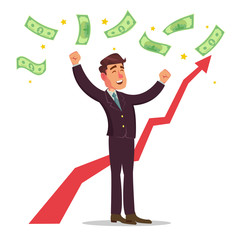 Happy Businessman Vector. Money Bills Falling. Office Worker Getting A Lot Of Money. Poster With Winner Cheerful Manager. Isolated Character Cartoon Illustration