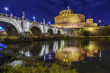 Cityscape, Landscape, Castel Sant Angelo, Night, Ora Blu, Bridge, Ponte Angelo, Rome, Lazio, Italy,...