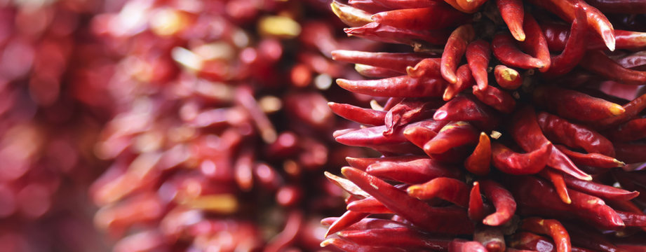 An Arrangement of Hanging Red Chili Peppers
