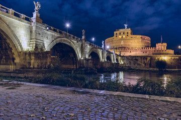 Cityscape, Landscape, Castel Sant Angelo, Night, Ora Blu, Bridge, Ponte Angelo, Rome, Lazio, Italy,...