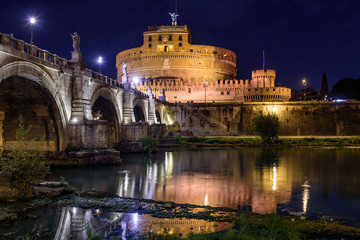 Cityscape, Landscape, Castel Sant Angelo, Night, Ora Blu, Bridge, Ponte Angelo, Rome, Lazio, Italy,...