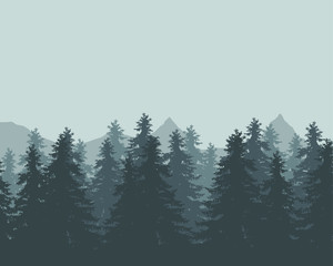 Vector illustration of a landscape with forest and mountains with fog in the background under a autumn sky