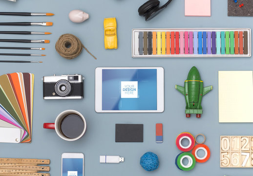 Creative Objects Mockup with Tablet, Smartphone and Business Card