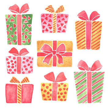 Hand painted watercolor Christmas gifts clip art