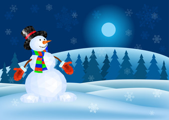 Snowman in red mittens and striped scarf