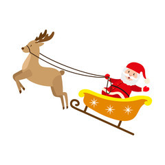 Funny Santa Claus riding reindeer sleigh, Christmas symbol, decoration element, cartoon vector illustration isolated on white background. Funny Santa Claus character in reindeer Christmas sleigh