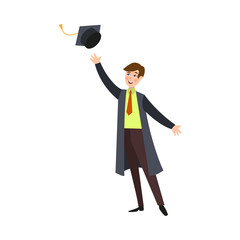 Happy, smiling college student, boy in graduation gown throwing cap up, cartoon vector illustration isolated on white background. Graduating boy throwing his graduation cap up from happiness