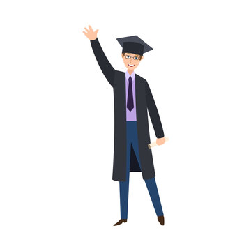 vector flat male college, university happy graduate character, boy in graduation gown, cap necktie holding diploma saying hello waving hand smiling. Isolated illustration on a white background.