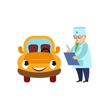 vector flat male grey-haired doctor mechanic in medical clothing holding clipboard with blank paper going to treat smiling yellow car character with eyes. Isolated illustration on a white background.