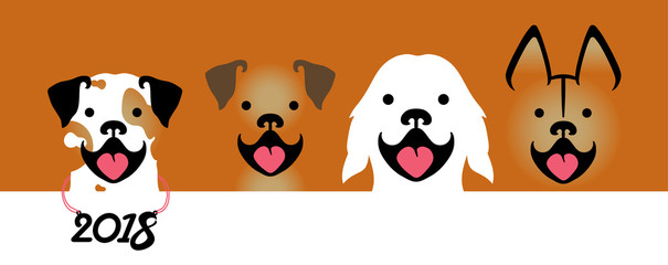 Vector illustration with four smiling dogs of different breeds. Dog smiles. Vector template for the new 2018 year.