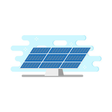 vector flat solar panel on solar power plant icon. Renewable alternative green bio eco energy resource. Isolated illustration on a white blue abstract background.