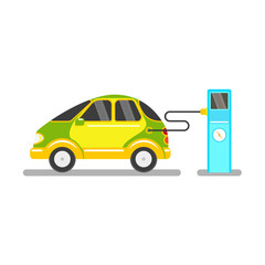 vector flat electric car charging at charging station. Alternative energy consuming yellow vehicle icon. Isolated illustration on a white background.