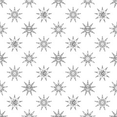 Vector seamless hand drawn pattern, decorative stylized vintage childish tribal sun with lights. Doodle style, tribal graphic illustration Line drawing. Series of doodle, cartoon, sketch illustrations