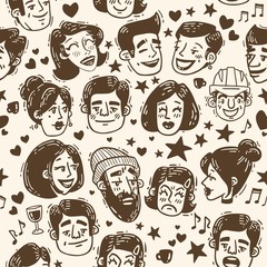 portraits of different people pattern brown