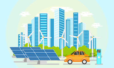 vector flat modern ecological city icon concept with blue high business skyscrapers on background of green park, windmillsm solar panels and electric car. Isolated illustration on a white background