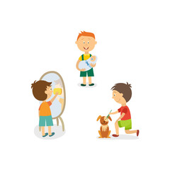 Funny little boy nursing his little sibling, washing mirror, grooming a dog, cartoon vector illustration isolated on white background. Little boy babysitting, cleaning house, grooming his puppy