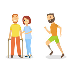 vector flat woman doctor helps patient with injury to walk by means of canes, crutches, disabled man with foot prosthesis running. Physical rehab therapy scene. Isolated illustration white background.