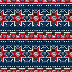 Winter Holiday Seamless Knitting Pattern with Snowflakes. Fair Isle Knitted Sweater Design. Christmas Seamless Background