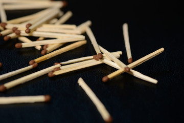 Scattered matches on dark background close up