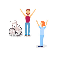 Medical rehabilitation, therapist helping a male patient to rehab after using wheelchair, cartoon vector illustration on white background. Medical rehabilitation, physical therapy, remedial gymnastics