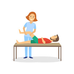 Medical rehabilitation, treatment, physical therapy for disabled patient, cartoon vector illustration on white background. Medical rehabilitation, physical therapy, remedial gymnastics, massage