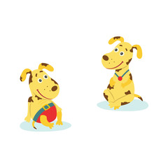 vector flat stylized cute dog characters set. Male spotted yellow colored animal with dog tag, pendant and another one in pantssitting at floor smiling. isolated illustration on a white background.