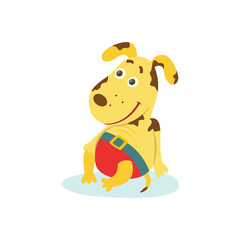 Cute funny puppy, dog character in swimming pants sitting on the beach, cartoon vector illustration isolated on white background. Happy smiling dog, puppy in swimming pants relaxing on the beach