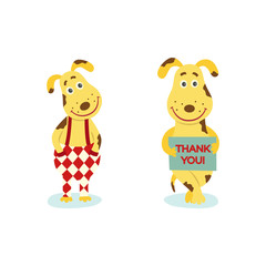 Two funny dog, puppy characters wearing clothes and holding thank you sign, cartoon vector illustration isolated on white background. Couple of two standing puppy, dog characters, mascots